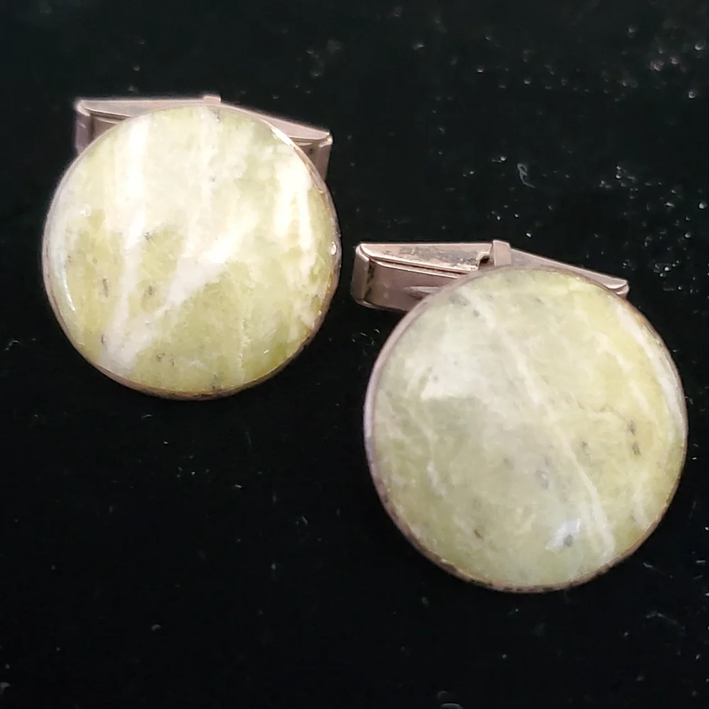 Vintage Sterling Green Banded Agate Marble Cufflinks Mid-century